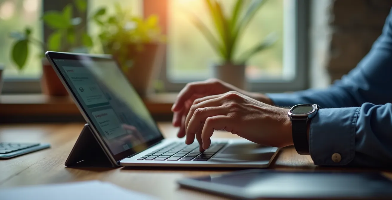 Employé utilisant une interface digitale RH intuitive dans un environnement de travail moderne