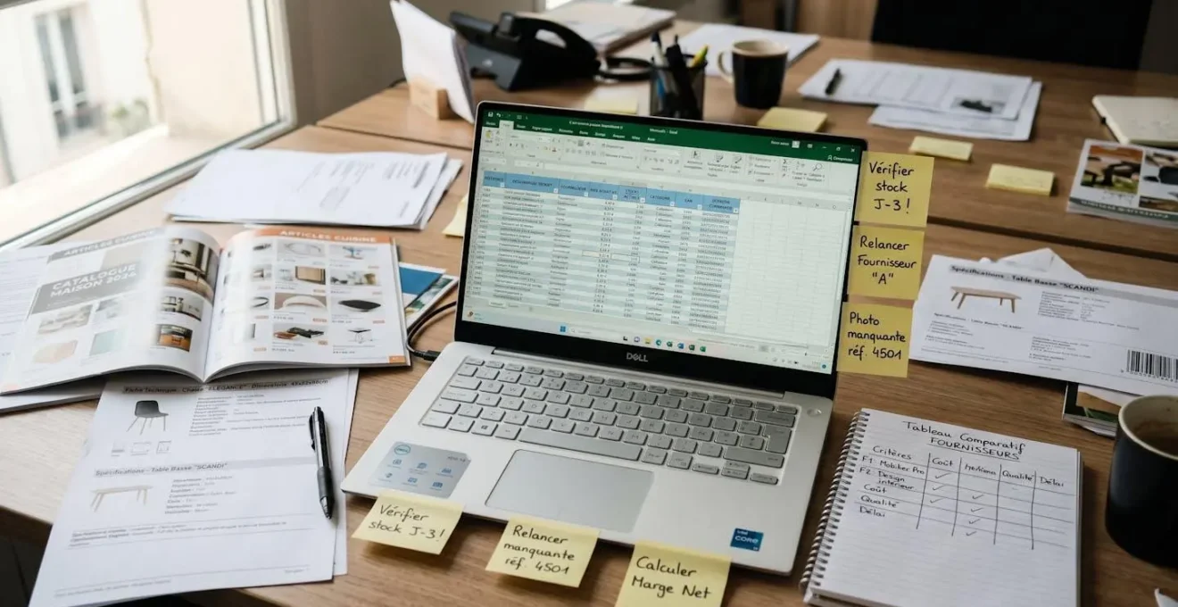 Vue rapprochée d'un bureau montrant ordinateur avec fichiers Excel ouverts, catalogues fournisseurs papier et notes manuscrites illustrant le processus manuel de consolidation de données produits