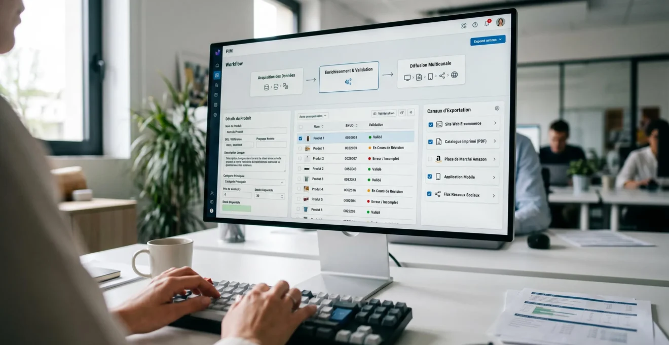 Écran d'ordinateur affichant interface logiciel PIM avec workflow structuré de données produit, champs d'attributs, statuts de validation et options de diffusion multi-canal