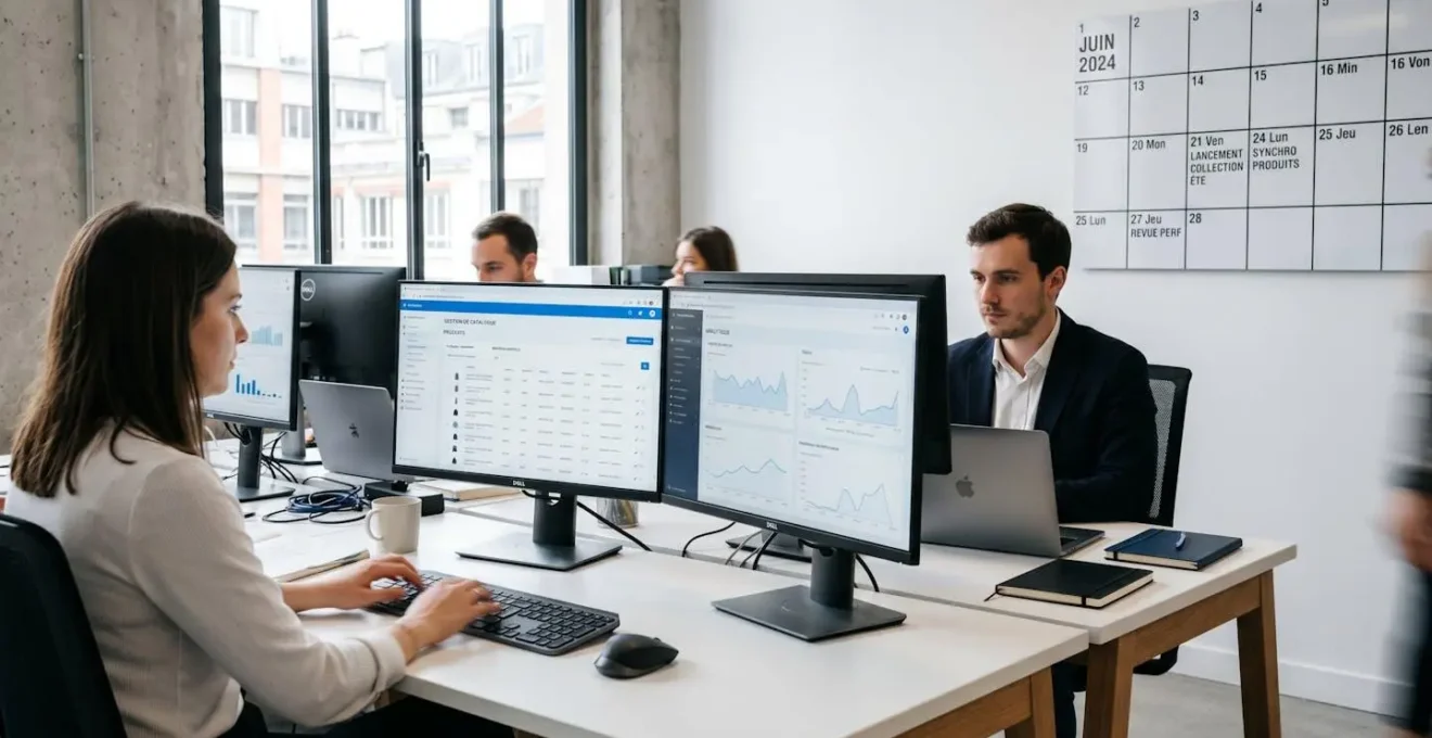 Équipe produit e-commerce travaillant sur plusieurs écrans de gestion de catalogue dans un bureau moderne, avec calendrier de lancement visible au mur en arrière-plan