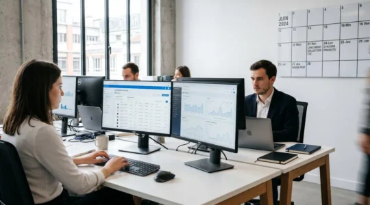 Équipe produit e-commerce travaillant sur plusieurs écrans de gestion de catalogue dans un bureau moderne, avec calendrier de lancement visible au mur en arrière-plan