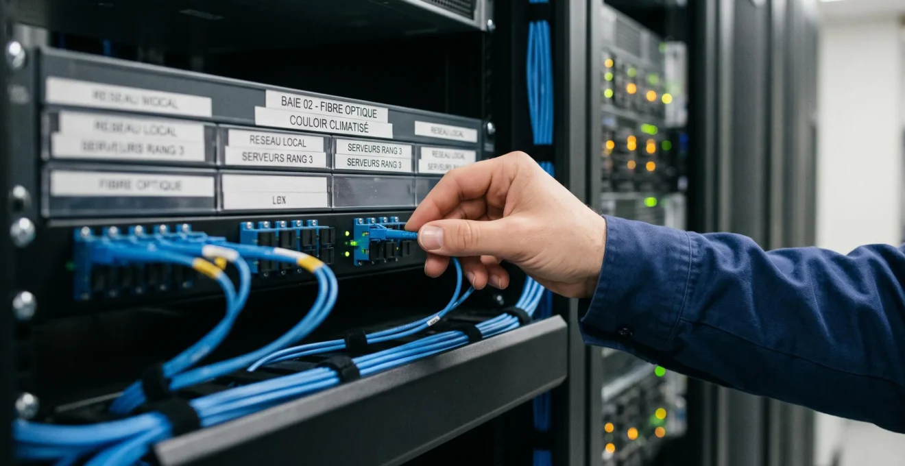 Gros plan sur les mains d'un technicien connectant des câbles réseau fibre optique à un panneau de brassage
