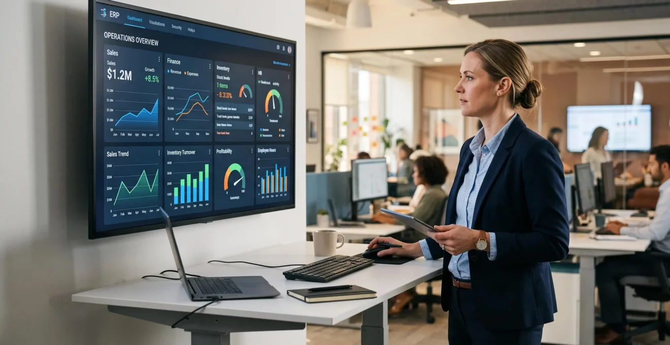 Responsable opérationnel consultant un tableau de bord ERP affichant plusieurs modules intégrés dans un environnement de travail moderne