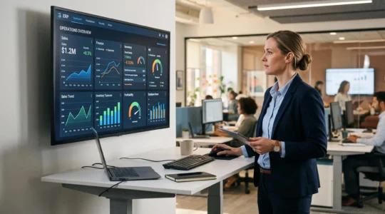 Responsable opérationnel consultant un tableau de bord ERP affichant plusieurs modules intégrés dans un environnement de travail moderne