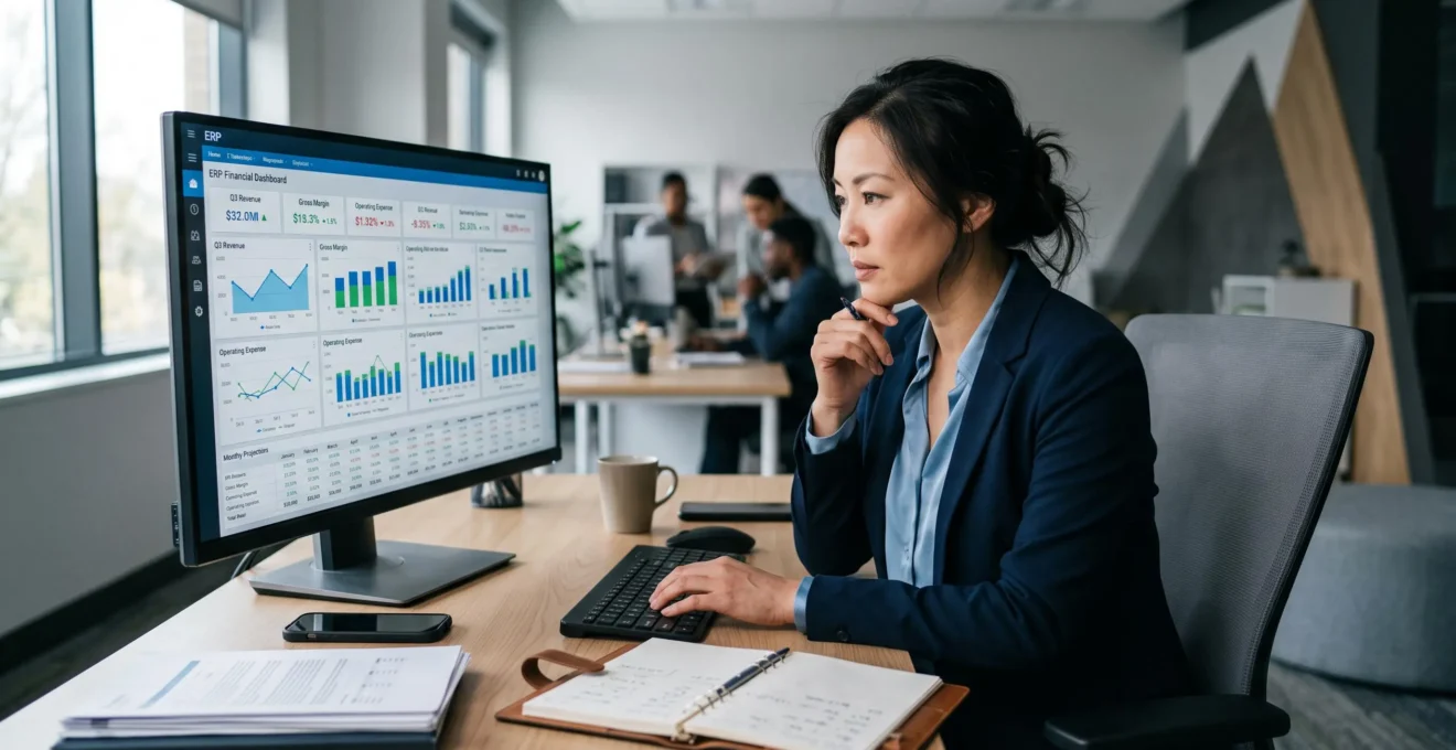 Responsable financier analysant des rapports automatisés et des tableaux de bord ERP en temps réel