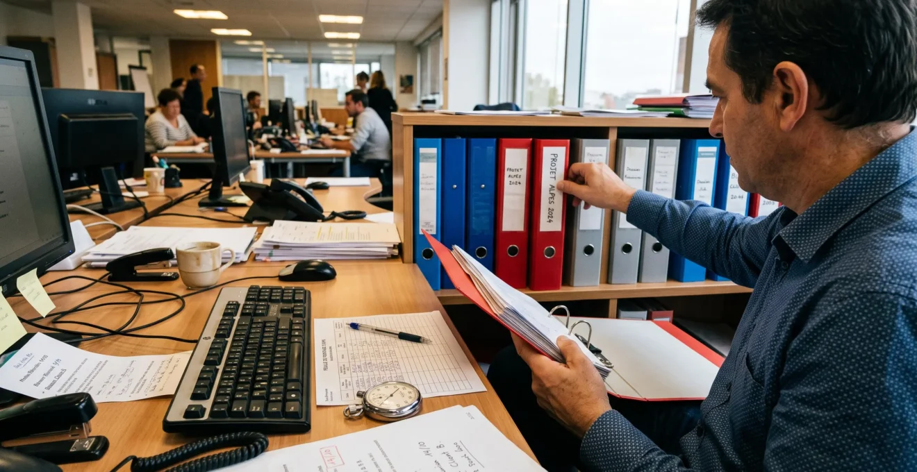 Un collaborateur chronomètre sa recherche de dossier entre classeurs et ordinateur.