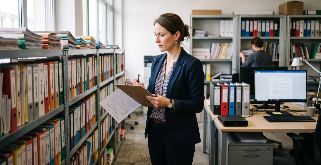 Une responsable documentaire évalue des archives sur une étagère dans un bureau.