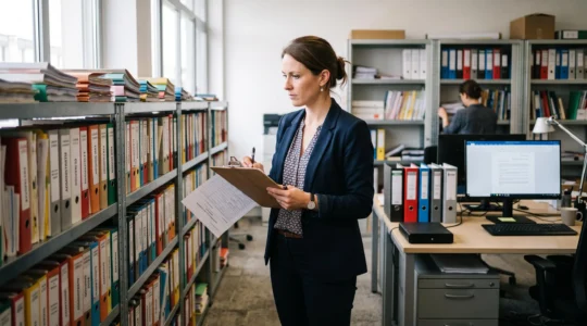 Une responsable documentaire évalue des archives sur une étagère dans un bureau.