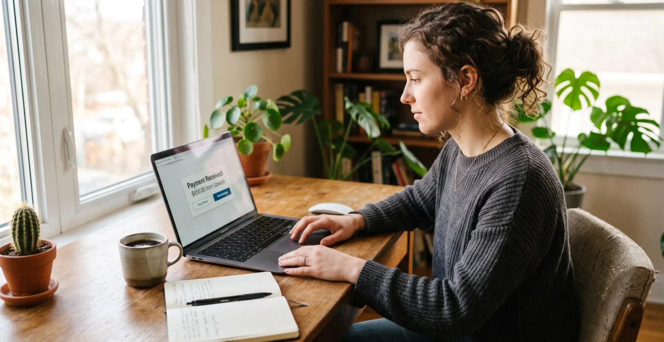 Une indépendante vérifie une notification électronique simple avant envoi depuis son bureau à domicile.