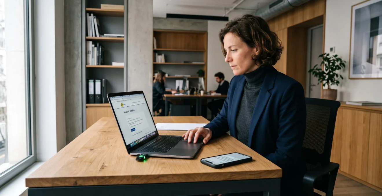 Un professionnel envoie une lettre recommandée électronique depuis son ordinateur portable au bureau.