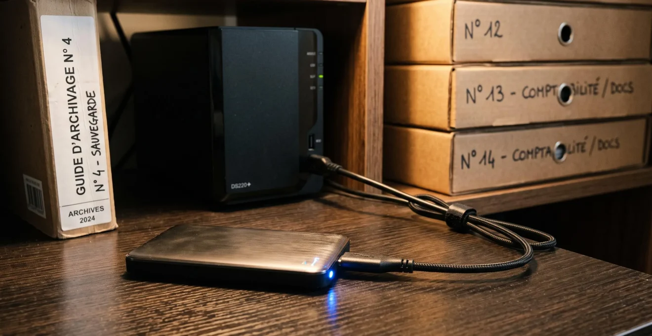 Un disque de sauvegarde branché sous un bureau près de boîtes d'archives.